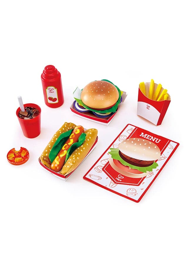 Hape Fast Food Set |Wooden Diner Fast Food Toy Set, Classic American Meal for Pretend Play Includes Burger, French Fries, Hotdogs and Cola