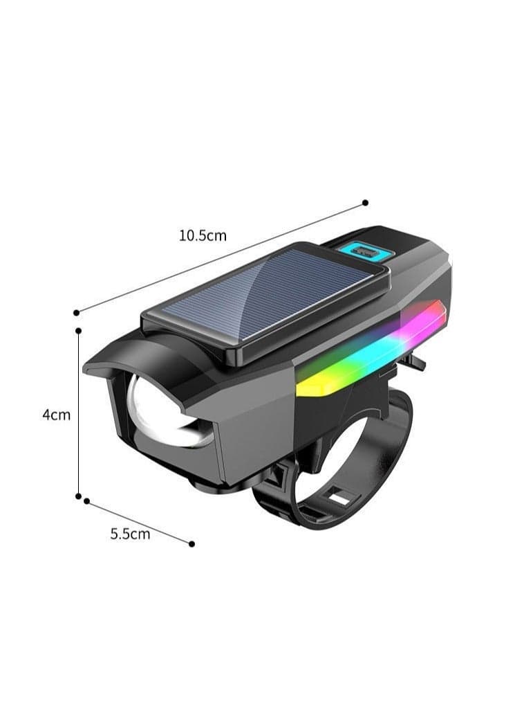 Solar-Charging Bicycle Front Light with Horn Bell – Strong Flashlight for Mountain Night Riding