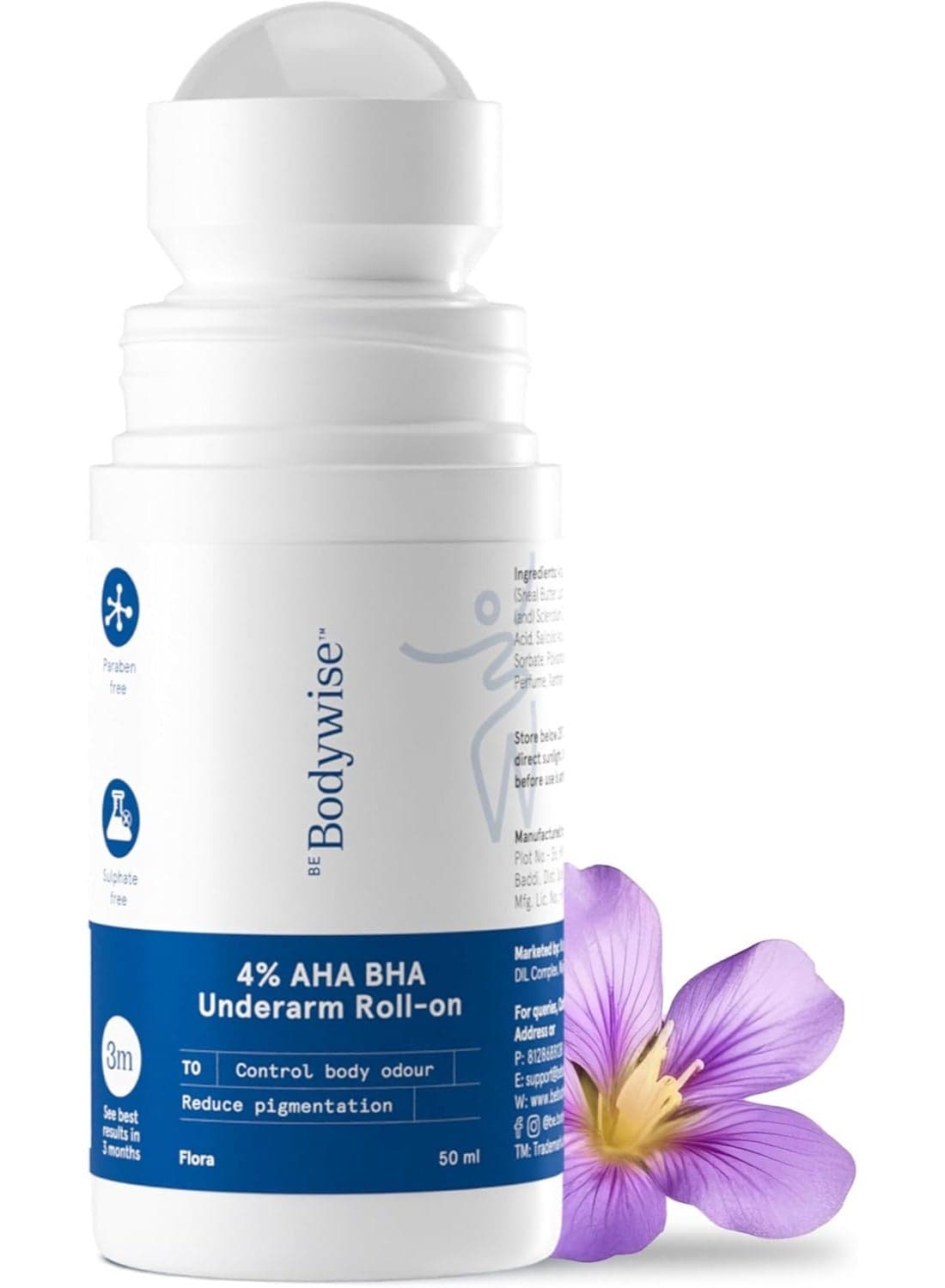 4% AHA BHA Underarm Roll on | With 2% Lactic Acid, 1% Mandelic Acid, 1% Salicylic Acid | Prevents Odour, Reduces Pigmentation | For Radiant Underarms | Suitable For Sensitive Skin | Flora 50ml