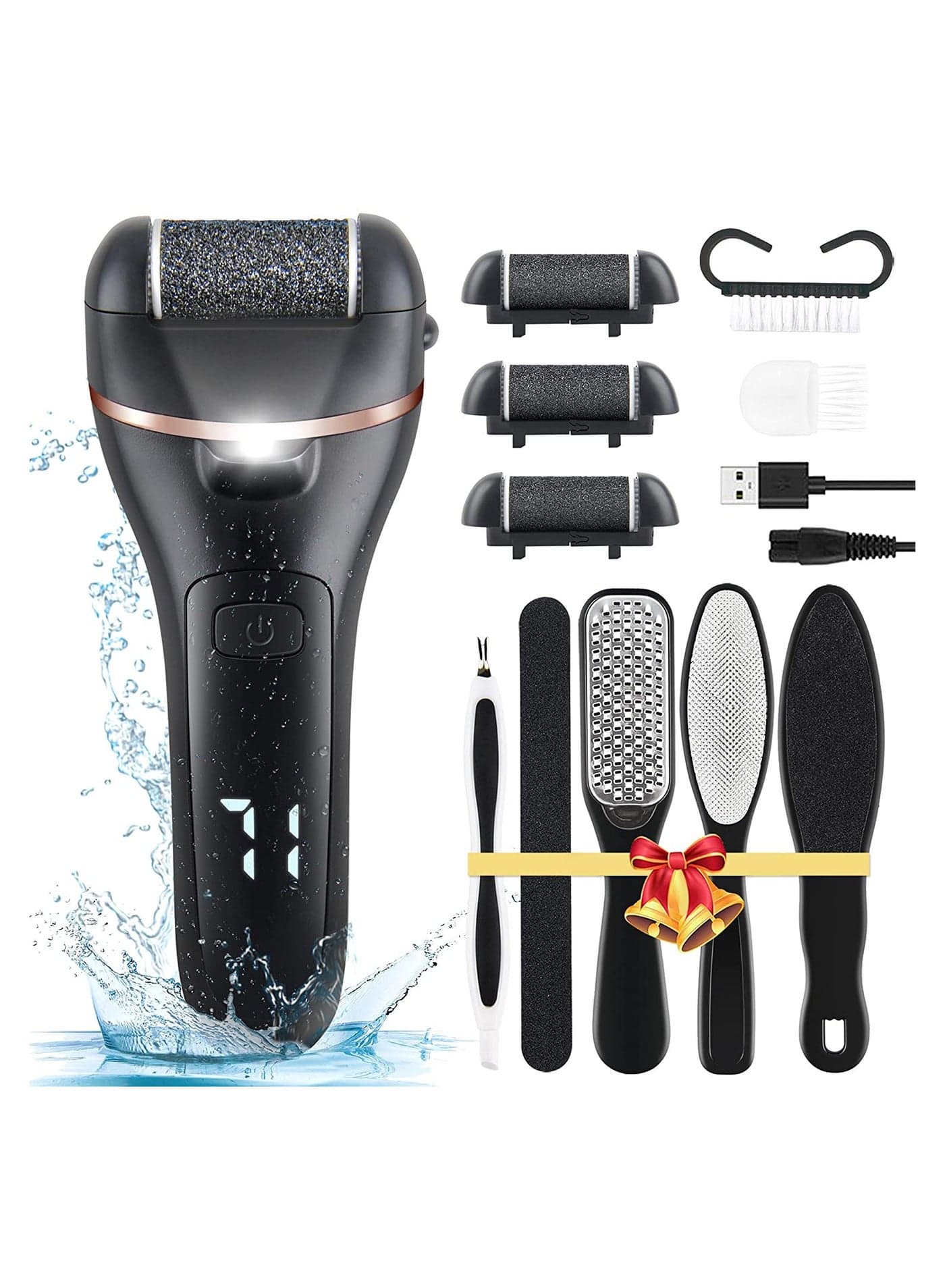Electric Callus Remover for Feet, 18 in 1 Pedicure Kit, Rechargeable Foot File with 3 Roller Heads, 2-Speed Dead Skin Remover, LED Display, Waterproof, Home & Travel Spa (Black)