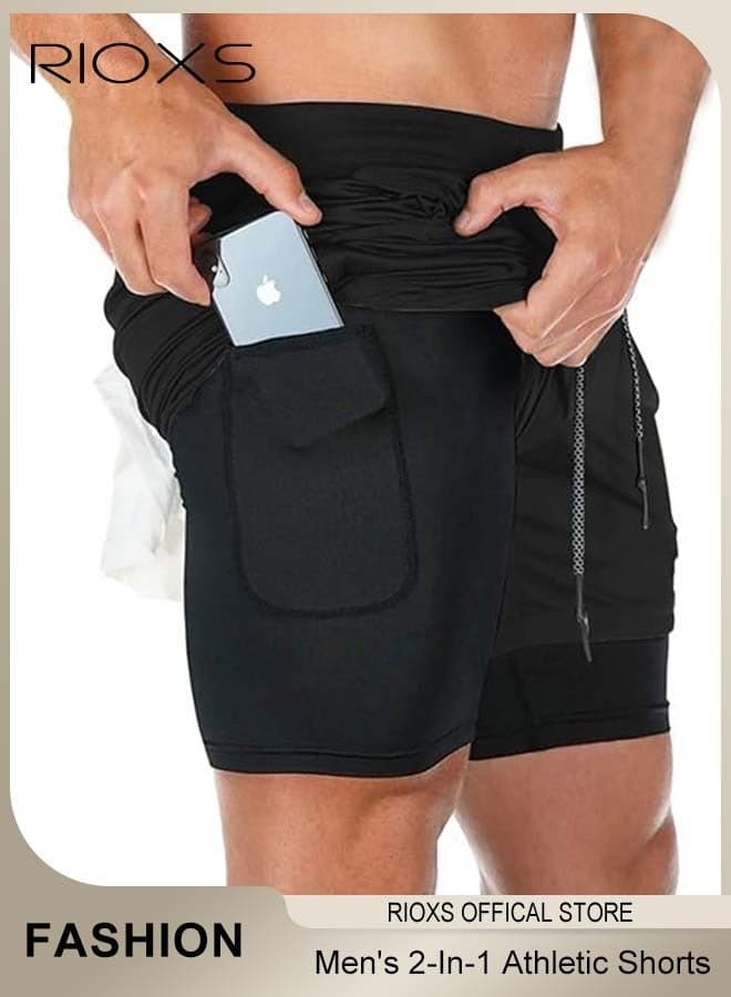 Men's 2-In-1 Athletic Running Shorts, Lightweight Sportwear Quick-Drying Shorts, Fitness Stretch Sports Shorts with Pockets for Phone, No Fading, No Deformation