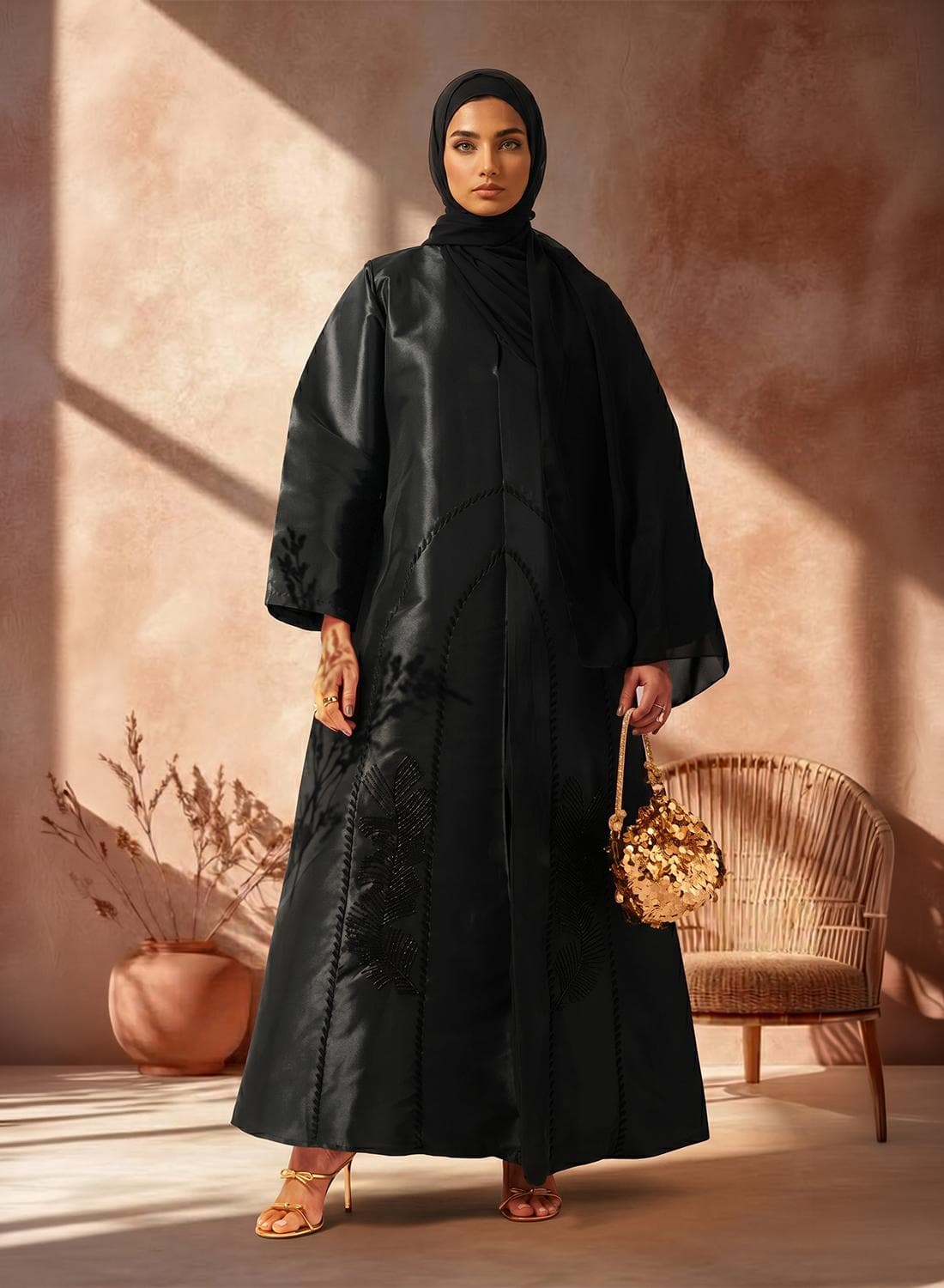 Black Embellished Abaya With Sheila
