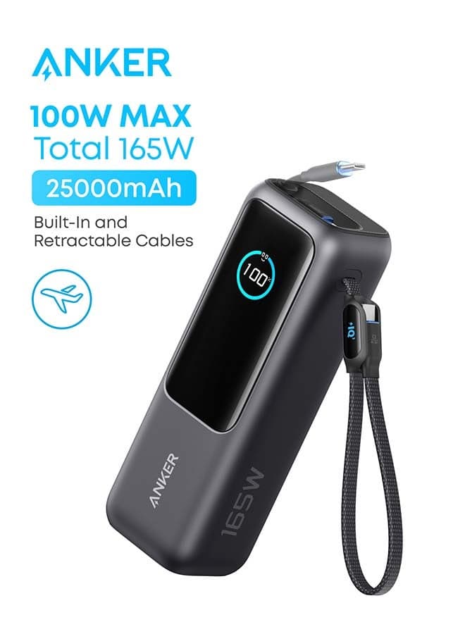 25000 mAh Power Bank, 25,000mAh 165W Ultra-Fast Portable Charger for Dual Laptops, Fast Charging Battery Pack with Built-In and Retractable Cables, For iPhone 17/16 Series, Samsung, and More Black
