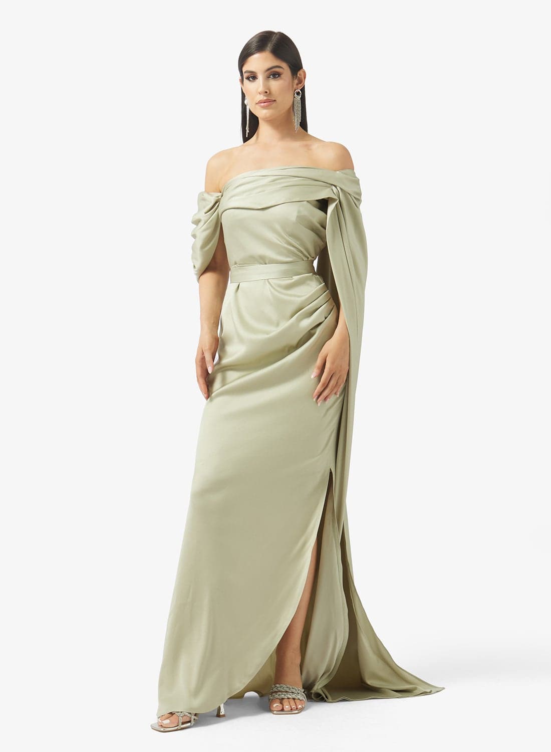 Off Shoulder Ruffle Detail A Line Gown