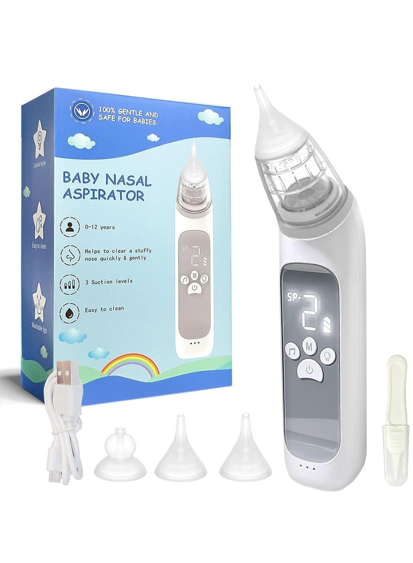 Electric Nasal Aspirator for Baby, Adjustable Suction Nose Cleaner, Gentle and Effective Nose Sucker for Baby & Toddler, 3 Soft Silicone Tips, Music and Colorful Light Soothing