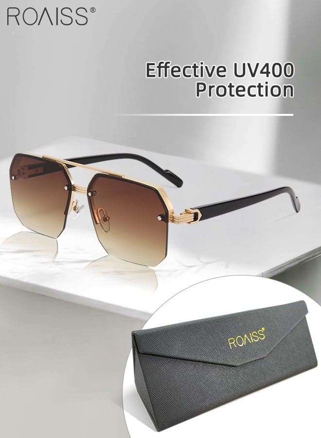 Square Semi-Rimless Sunglasses for Men Women, UV400 Protection Trendy Anti-Glare Classic Sun Shades with Glasses Case for Shopping Party Travel 60mm, with Gradient Brown Lens