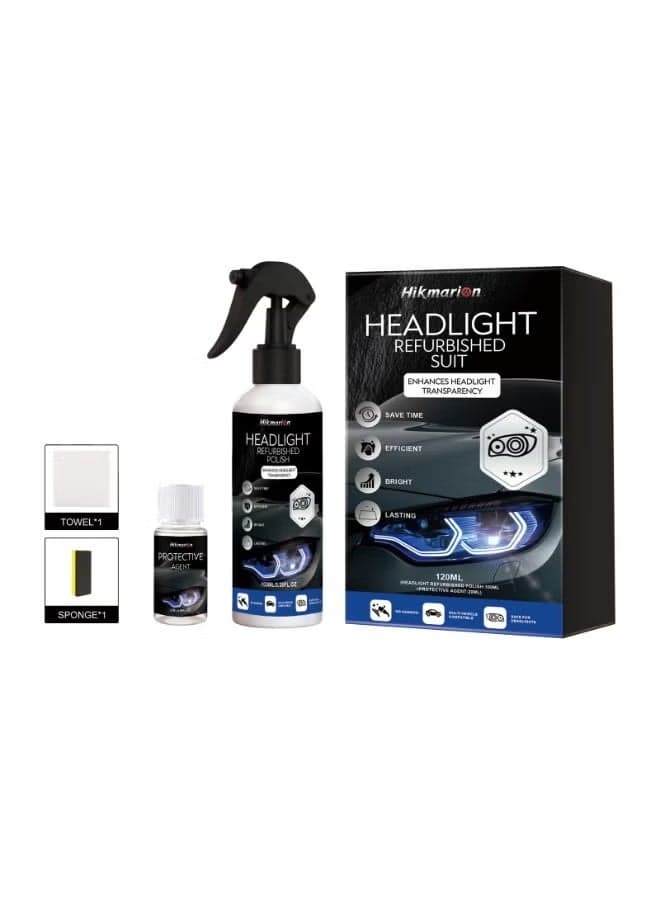 Headlight Restoration Kit, 120ml Headlight Polish Spray with Protective Agent, Towel & Sponge, Yellow Oxidation Remover & UV Protection