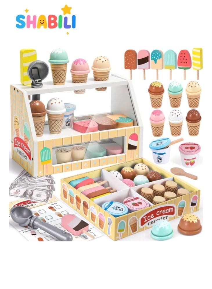 Wooden Ice Cream Shop Playset for Kids, 45 Pcs Montessori Kitchen Toys with Scoop, Cones, Popsicles, Money & Coins, Pretend Food Educational Toy for Toddlers, Ice Cream Maker Play Kitchen Set for Girls & Boys