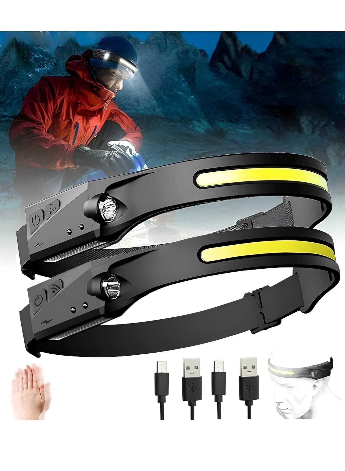 Headlamps Rechargeable 2PCS Camping Headlamp, 230° Wide Beam Lightweight LED Head lamp with Motion Sensor for Adults - Camping Accessories Gear, Waterproof Head Light Flashlight for Camping Hiking, Running, Repairing, Fishing, Cycling