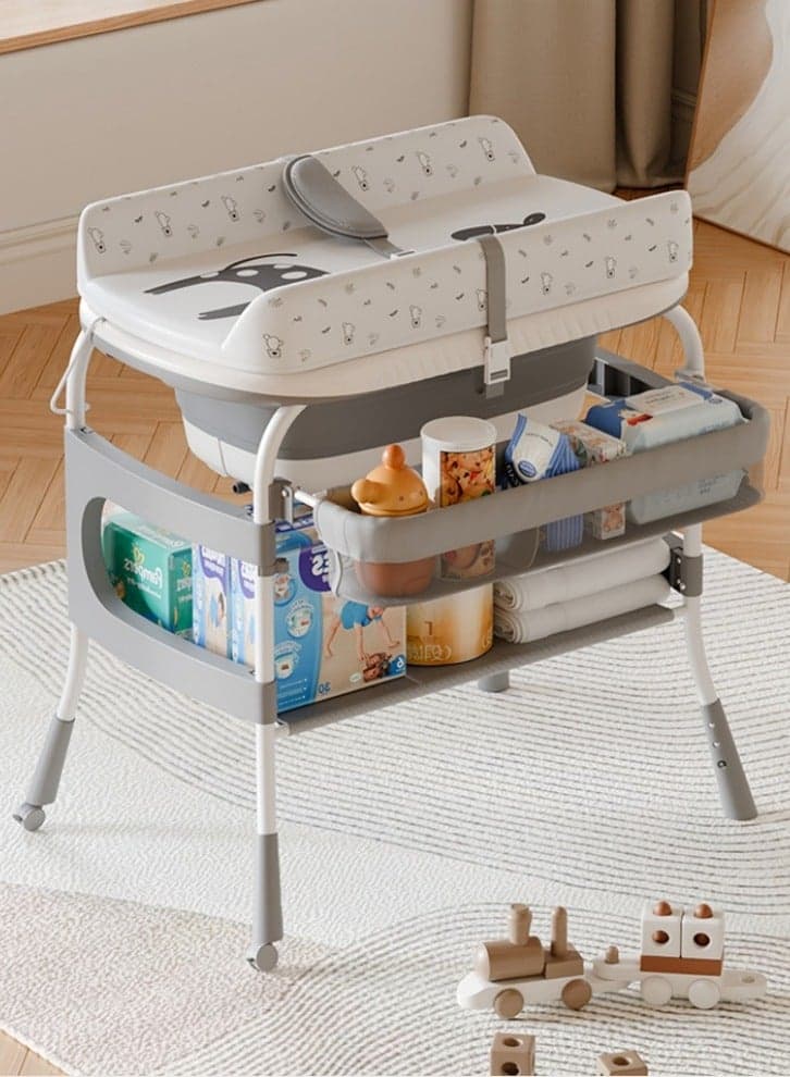 2-in-1 Baby Bathtub & Changing Table, Adjustable Height Folding Diaper Station Waterproof Pad with Storage Rack & Wheels, Baby Bath Tub with Thermometer Display