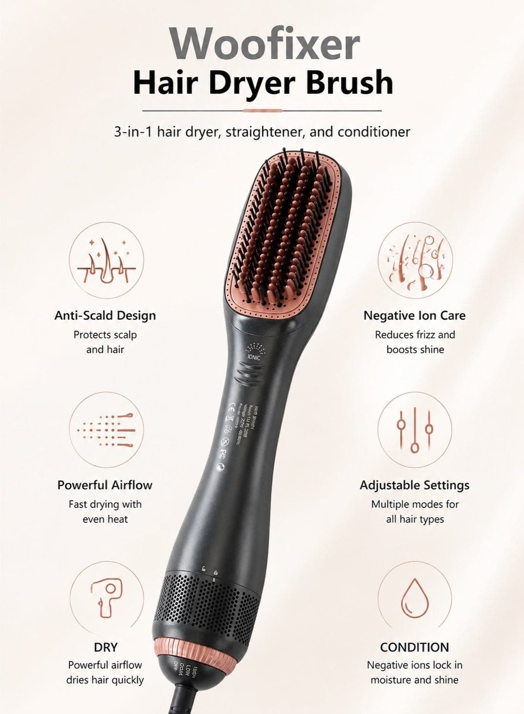 1000W Professional Hair Dryer Brush – 2-in-1 Ceramic Dryer & Styler | Dry, Volumize & Straighten in Minutes | Black/Beige