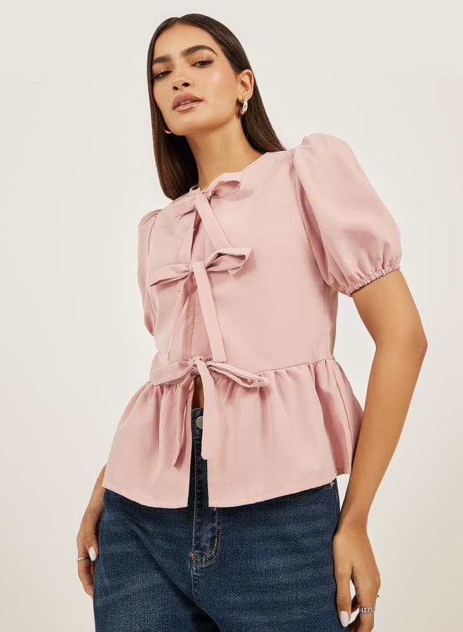 Styli Plain Puff Sleeves Peplum Top With Tie Detail