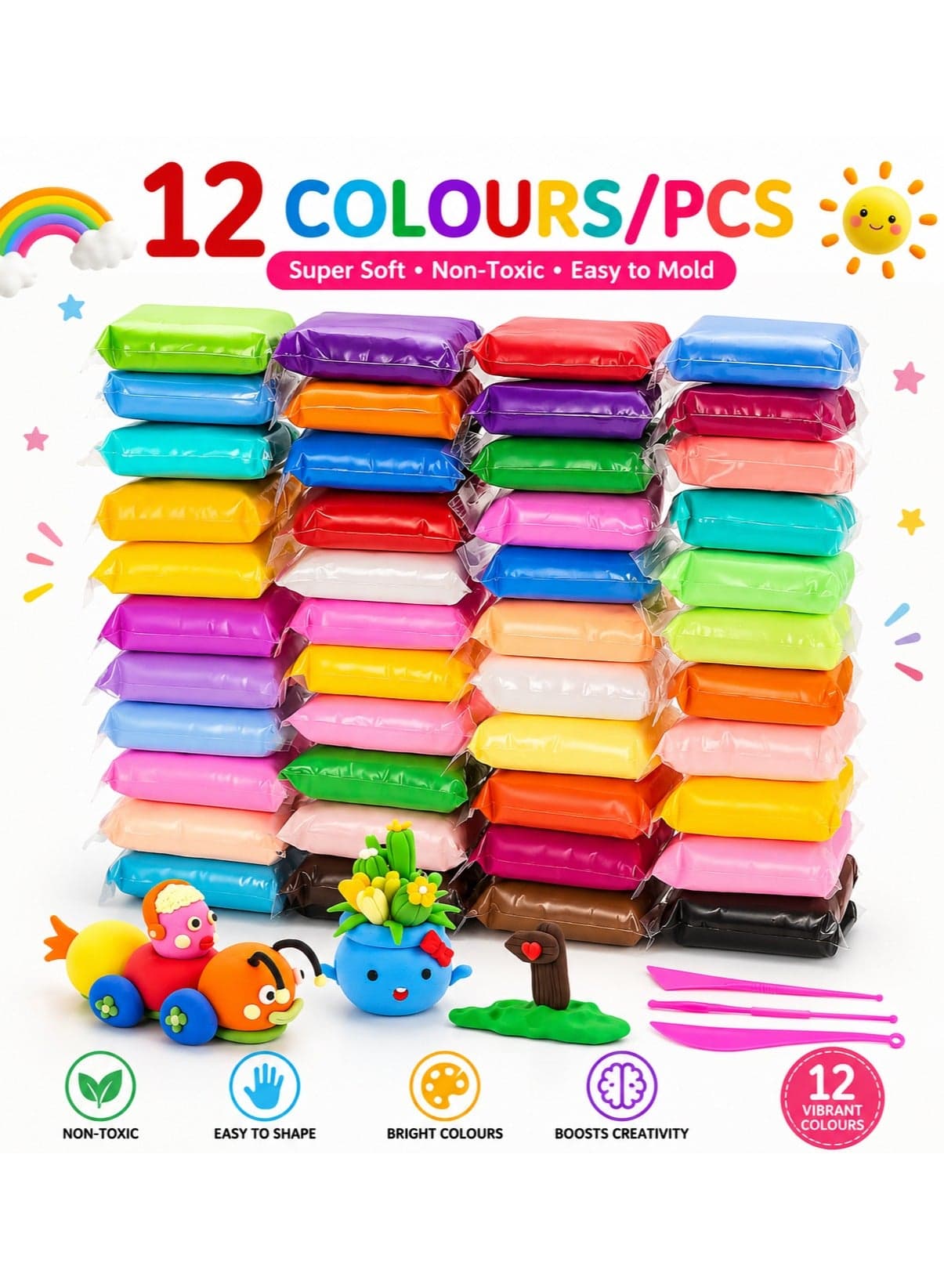 Air Dry Clay - 12 Colors Modeling Clay Set with 3 Sculpting Tools for Kids, Non-Toxic Soft DIY Craft Clay Kit for Children, Educational Plasticine Dough for Arts Crafts, School Projects, Creative Learning Toys for Boys & Girls