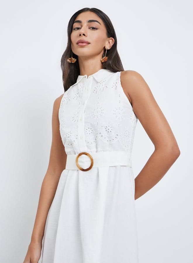 Styli Schiffli Off-White Belted Shirt Midi Dress