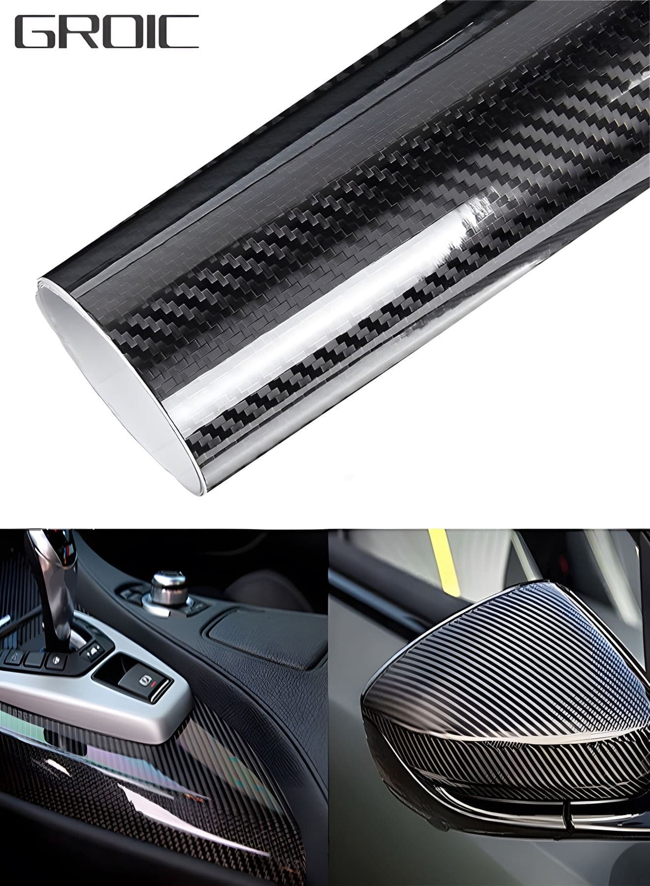 Black 5D Carbon Fiber Vinyl Wrap Roll 100×30cm,Super Glossy Car Wrap Film Featuring Bubble Free Air Release Technology, Car Moto DIY Interior Exterior