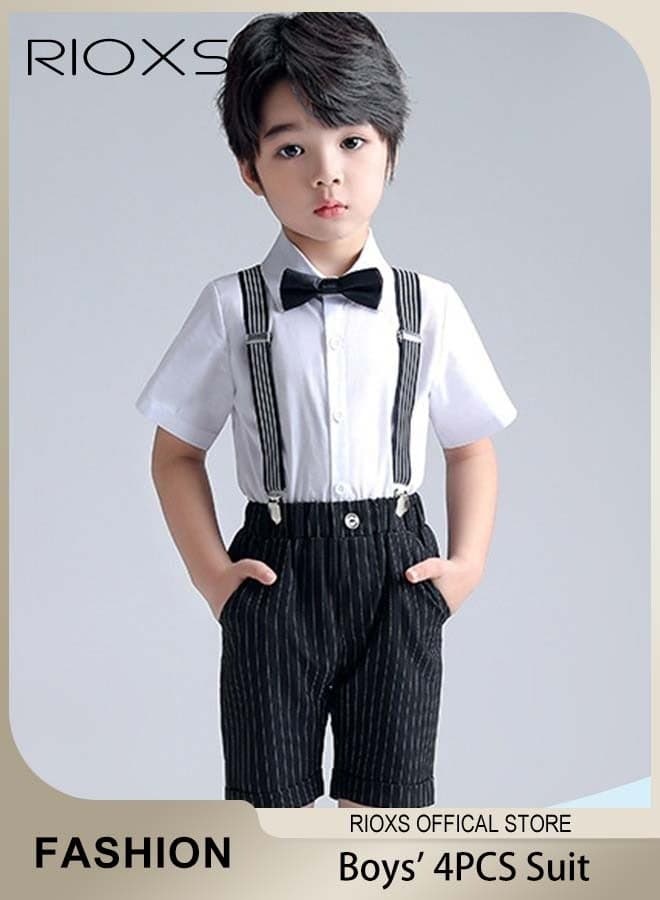 Boys' 4 Pcs Dressy Suits, Ceremony Clothing Set with Short Sleeves Shirt/ Bowtie/ Pinstripe Pants and Suspender, Formal Dresswear Gentleman Suits Set, Kids Boy Suit Dress for Party Wedding Performance and Formal Occasions
