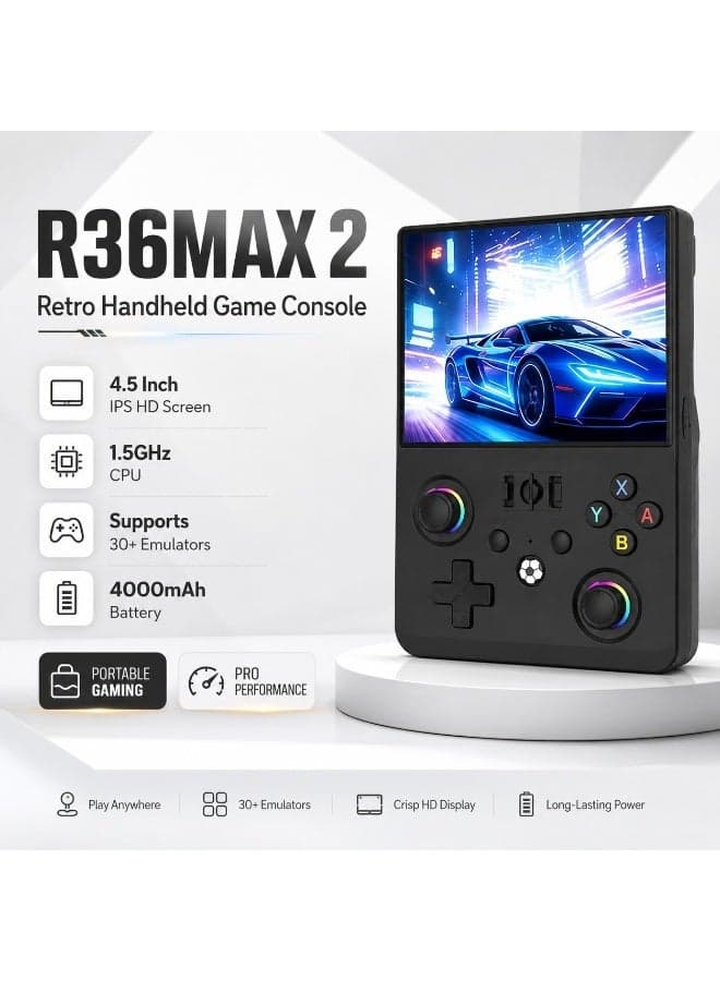 R36MAX 2 Retro Handheld Game Console 4.5 Inch IPS HD Screen Portable Gaming Console 1.5GHz Processor 30+ Emulator Support 4000mAh Battery Rechargeable Video Game Player Black
