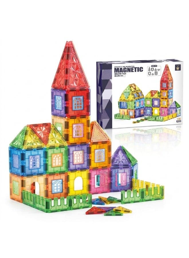 Magnetic Building Blocks Set 135 Pieces – 7.5cm DIY Construction Tiles with House and Tower Designs, Colorful Magnetic Shapes for Creative STEM Learning and Imaginative Play