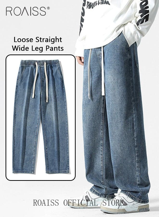 Straight Leg Loose Fit Jeans for Men Elastic Waist Drawstring Jeans for Male Retro Distressed Washed Denim Trousers Mens Casual Cargo Pants High Street Style Blue