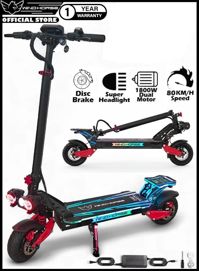 H8 Electric Folding Scooter 3600W (Dual 1800W Motors), 48V 27Ah Battery, 80KM/H Speed, 65KM Range, Dual Suspension, Disc Brakes, 10x3 Inches Tires, RGB Lights, Big Digital Display