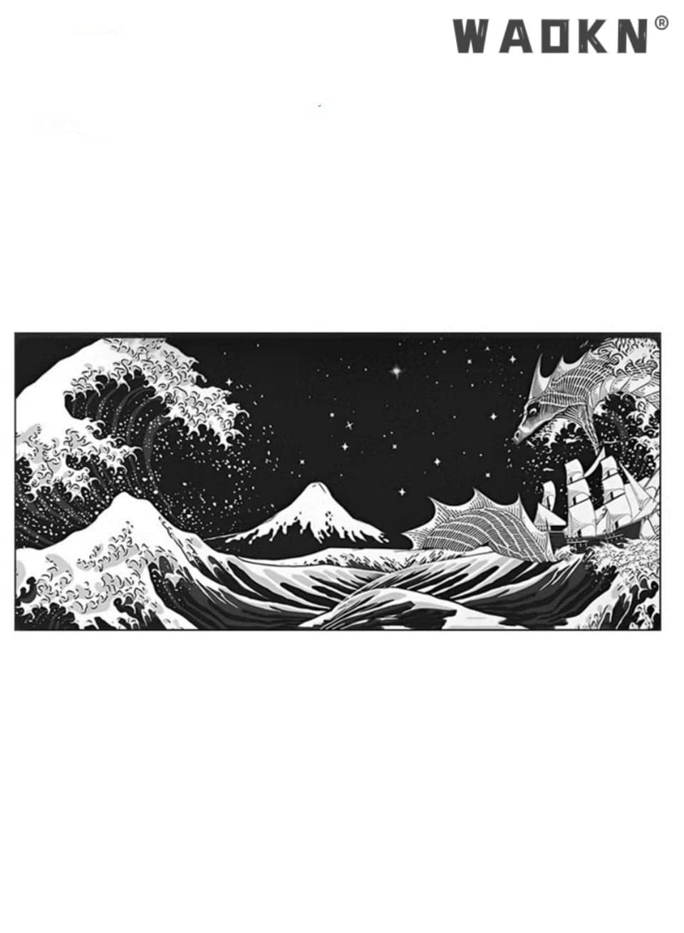 Black and White Japanese Waves Sea Dragon Gaming Mouse Pad Abstract Mat Long Extended Mouse Mat Desk Pad Stitched Edges Mousepad Nonslip Rubber Base Mice Pad for Office and Home