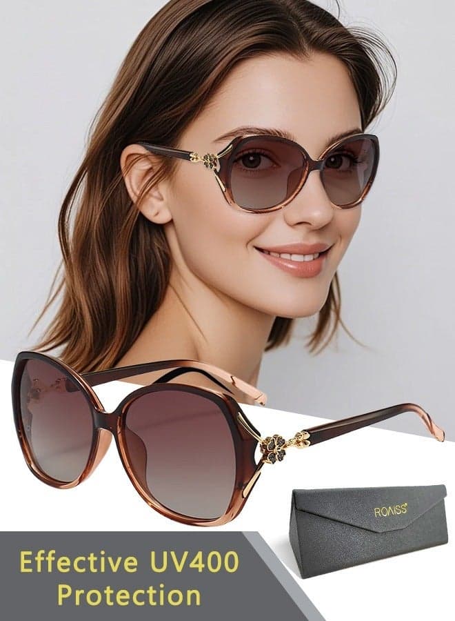 Women's Square Sunglasses Polarized Anti-Glare UV400 Lens Rhinestone Arms with Case for Shopping Party Travel 53mm Gradient Brown