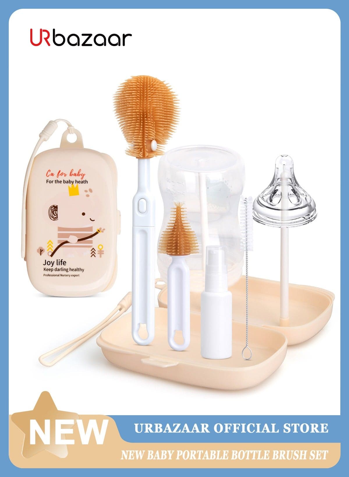 Baby Bottle Cleaning Kit with Silicone Brush, Nipple Brush, Straw Brush and Drying Rack - 6 in 1 Bottle Cleaning Tool for Home and Travel