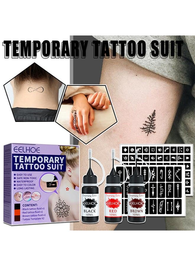 Temporary Tattoo Suit - With 84 Pieces Self-Adhesive Tattoo Template Set - Temporary Tattoo Ink 3 Bottles - 3 Colors For Art Drawing Women Men Kids DIY Art Painting