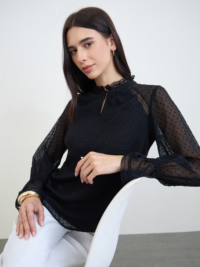 Black Lace Trim Dobby Blouse