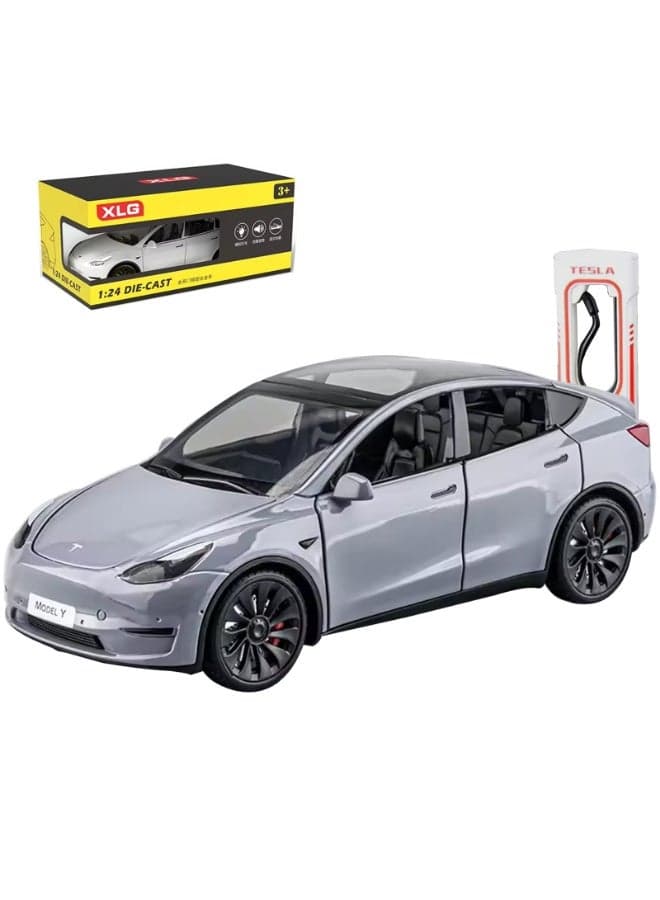 1:24 Scale Diecast Car Model 3, Roadster, Alloy Pull Back Toy Vehicle with Lights and Sound, Opening Doors, Charging Pile for Model Y – Collectible Model and Gift for Kids and Adults, White/Pearl