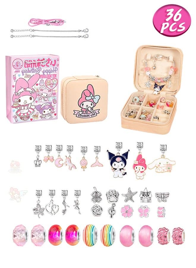 36PCS Charm Bracelet Making Kit, Girls Beads for Jewelry Making Kit, with Jewelry Box, for DIY Craft Jewelry Gift, for 7-14 Year Old Girl(Pink)