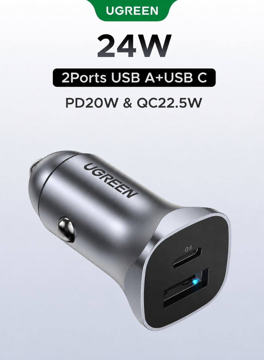 24W car charger type c, 2-Device Fast Charging car charger with USB-C(PD 20W) + USB-A(22.5W), Aluminum Alloy car charging adapter, 1A1C Compact Durable Reliable car charger adapter for iPhone 17/16/15/14/13/12/11 Series, Samsung Galaxy S26/S25/S24/S23/S22/S21, Galaxy Z Fold/Z Flip, Huawei Mate, Xiaomi 14/15, OPPO Reno, vivo iQOO, Google Pixel 8/9, iPad, Galaxy Tab and More 24W