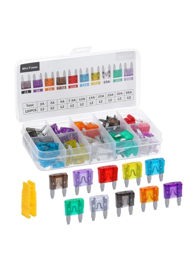 120 PCS Standard Mini Fuses, Car Fuse Assortment Kit, Standard Car Blade Fuses and Mini Blade Fuses (2A/3A/5A/7.5A/10A/15A/20A/25A/30A/35A) Fuses for RV Automotive Trucks Motorcycle Camper SUV