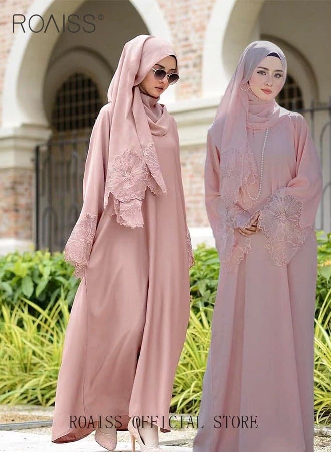 2 Pcs Women's Abaya Robe Dress and Headscarf Set, Solid Color Floral Embroidery Lace Long Sleeves Abaya Traditional Wear, Pink, Suitable for Spring Summer Outfit Ramadan Eid Al-Adha Gifts