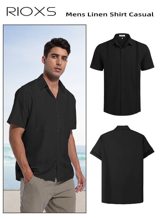 Men's Collared Shirts, Button-Up Short Sleeve Top, Solid Color V-Neck Henley Shirts, Summer Breathable Soft Loose Casual Beach Shirts For Men, Comfy Tops For Hawaiian Office Or Daily Wear, Black