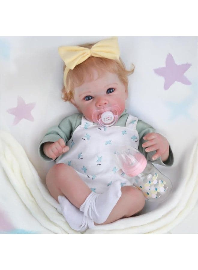 Realistic Reborn Baby Dolls, 18-Inch Real Life Newborn Vinyl Silicon Baby Doll With Blonde Hair And Weighted Cloth Body, Lifelike Toddler Dolls Girls With Clothes For Kids Age 3+