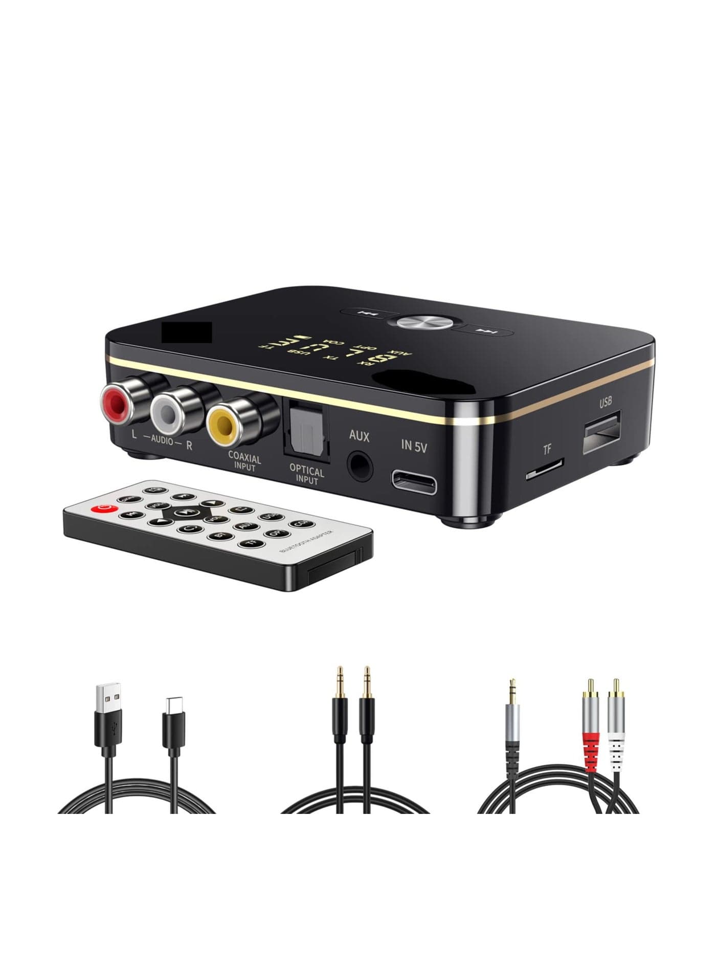 Audio Receiver Transmitter 2 in 1, Bluetooth 5.0, with Remote, Bluetooth Hi-Fi Audio Adapter with 3.5mm&RCA, COAXIAL, Optical, NFC, Aptx-LL for Home and Car Stereo, AV Receiver or Amplifier