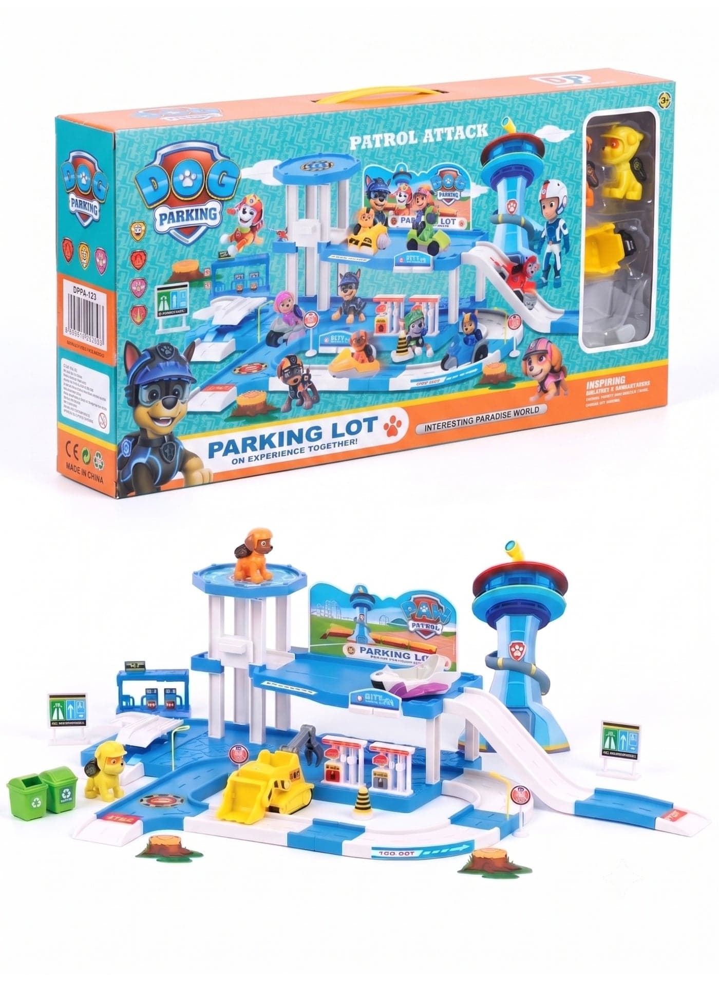 Paw Patrol Style Parking Lot Playset with 2 Dog Figures & 2 Rescue Vehicles – Multi-Level Garage Toy Station for Car Lovers | Rescue City Service Base with Lookout Tower & Ramps | Best Gift for Kids Birthday, Eid, Christmas, Exam Passout