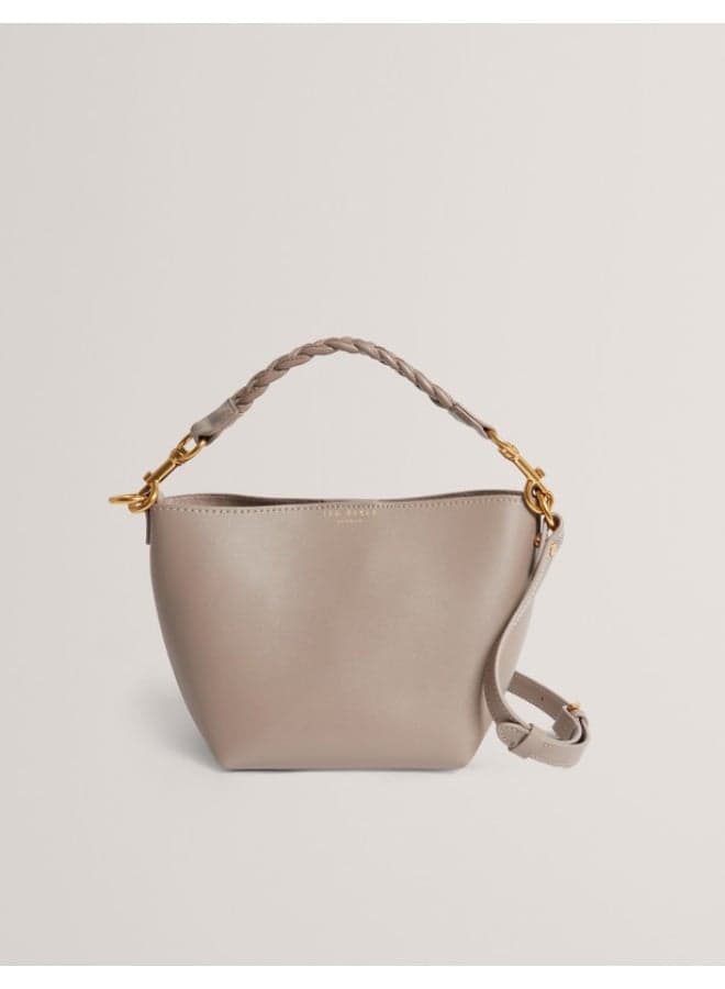Weave Handle Leather Small Bucket Bag