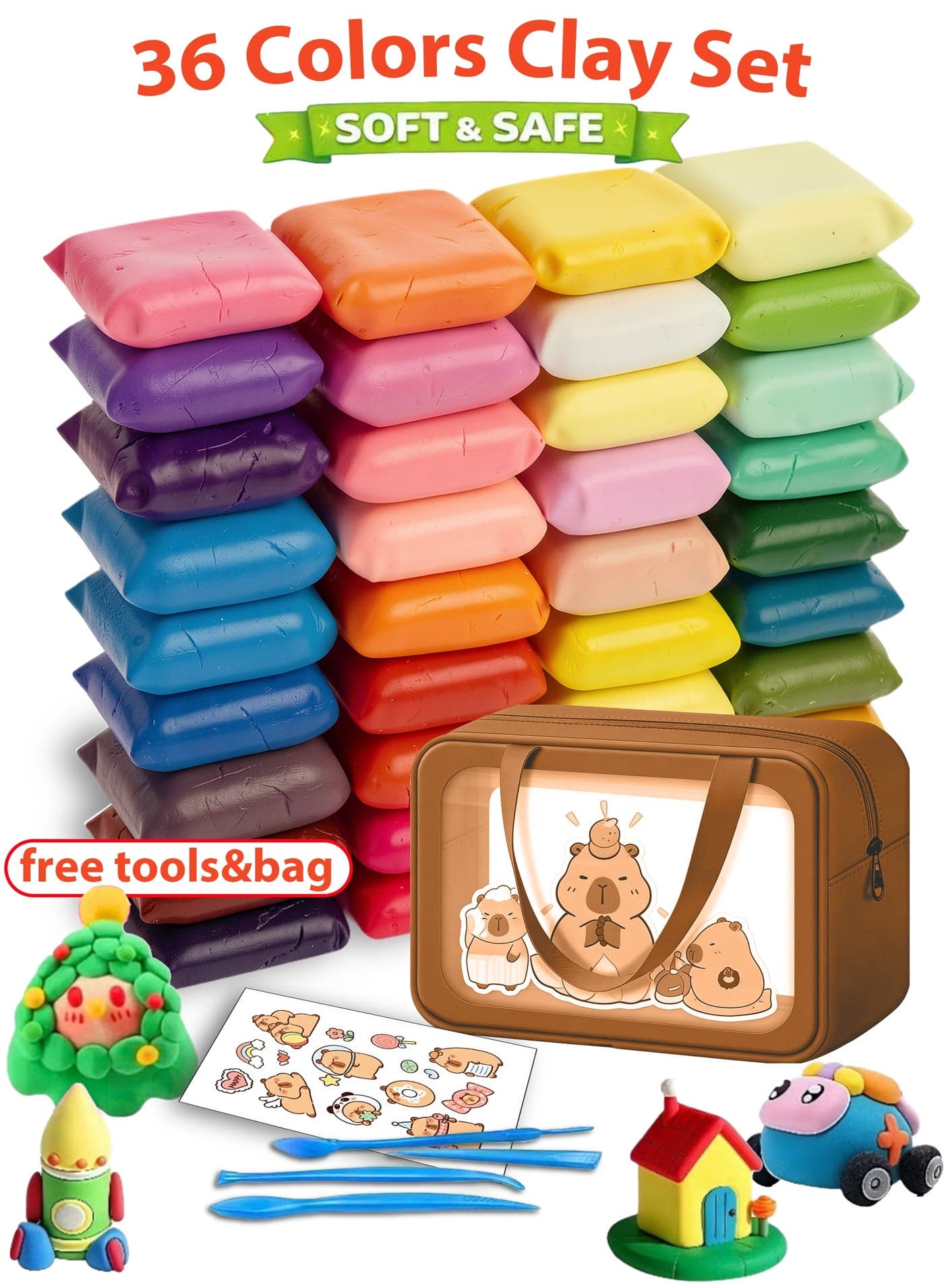 36 Colors Air Dry Foam Clay Kit for Kids (Capybara) – Cute Animal DIY Modeling Clay with Carry Bag, Stickers & Sculpting Tools, Non-Toxic Arts & Crafts Toy for Ages 3+