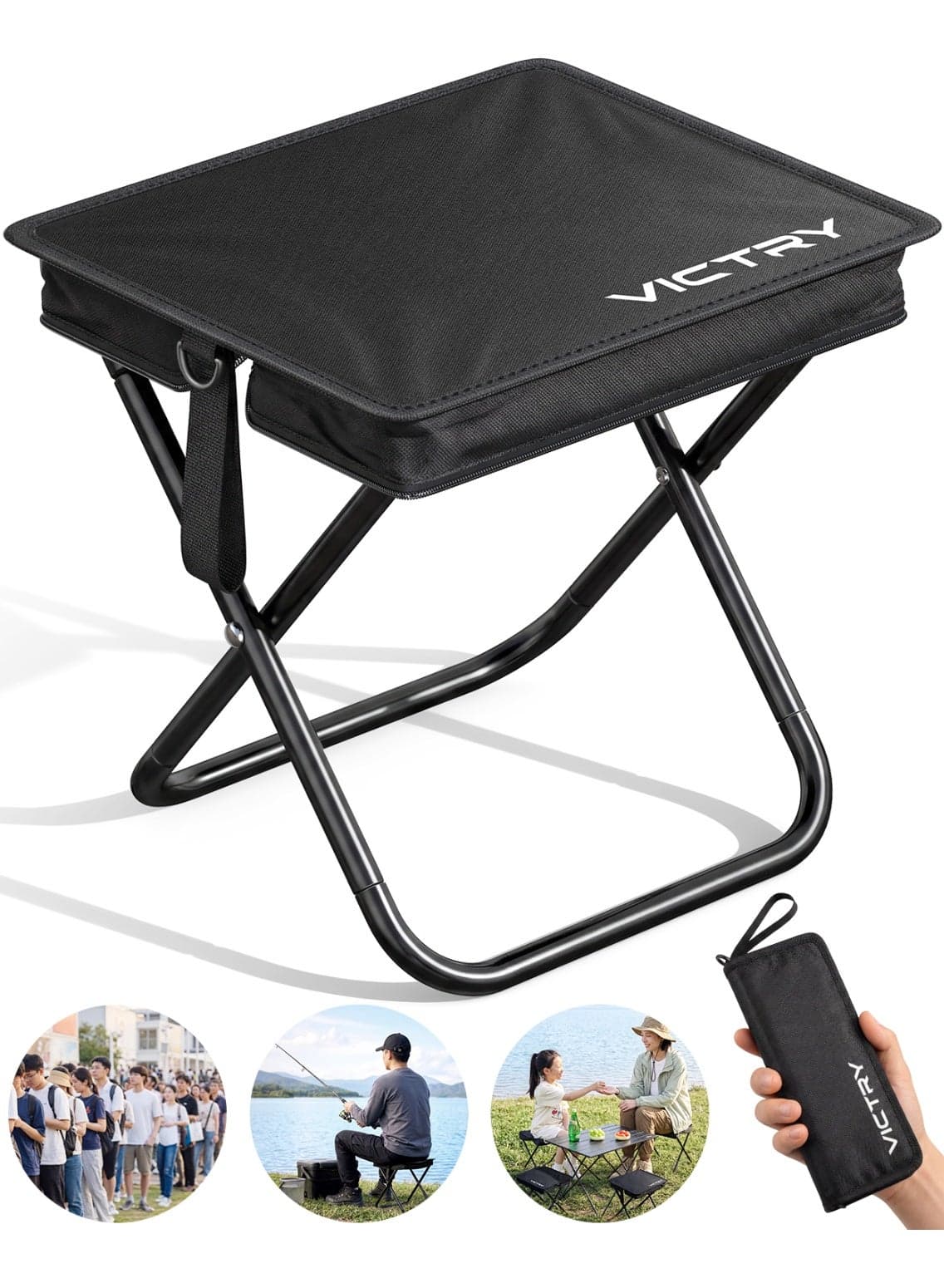 Portable Folding Stool for Adults, Premium Portable Camping Chair, Supports 100KG, Foldable Fishing, Beach and Travel Seat, Sturdy Steel Frame, Oxford Fabric, Lightweight, Easy Carry for Outdoor, Picnic, Hiking, Black