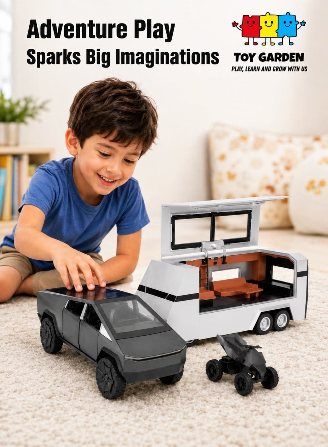1:32 Scale Simulation of Cybertruck Diecast Pickup Truck Model with Bike & Trailer – Alloy Toy Car with Sound & Light for Kids & Collectors