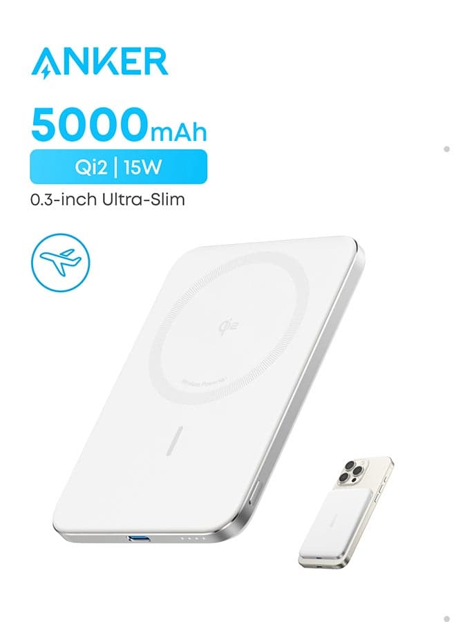 Anker Nano Power Bank, Ultra-Slim 5,000mAh Magnetic Battery Pack, Qi2 Certified 15W Max Ultra-Fast MagSafe-Compatible Portable Charger, Ergonomic Design, For iPhone 17/16/15/14/13/12 Only White