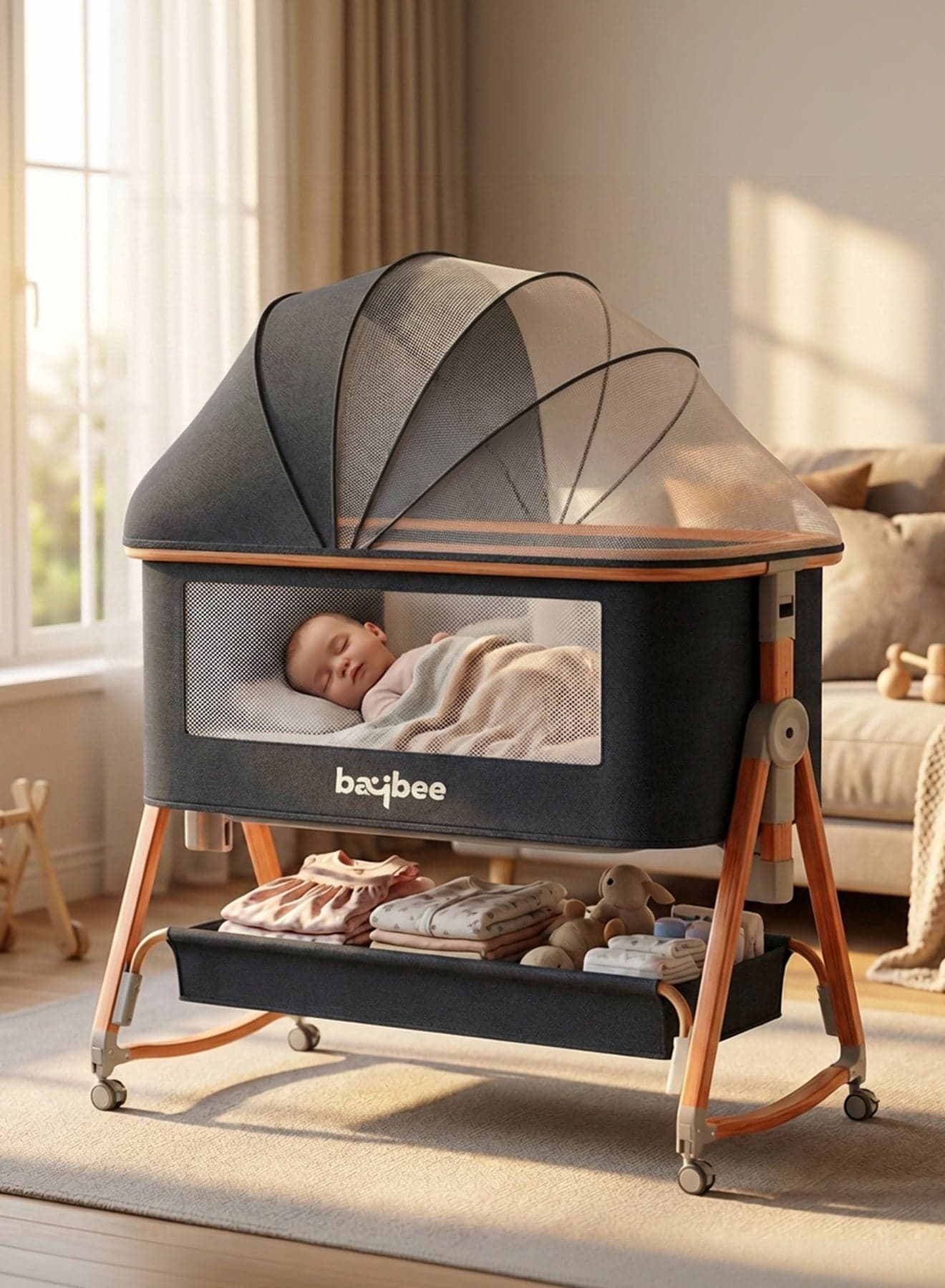 3 in 1 Portable Baby Bedside Crib for Baby Infant Travel Crib With 6 Height Adjustable & Rocking Foldable Baby Bassinet with Wheels, Mosquito Net, 360° Swivel Wheels, Bed side Crib for Travel Black