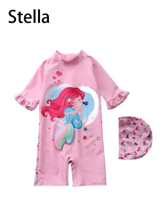 Children's Mermaid Swimsuit, Long sleeved One Piece Sun Proof kids Swimwear With Swim Cap For Height 70-120cm Girls