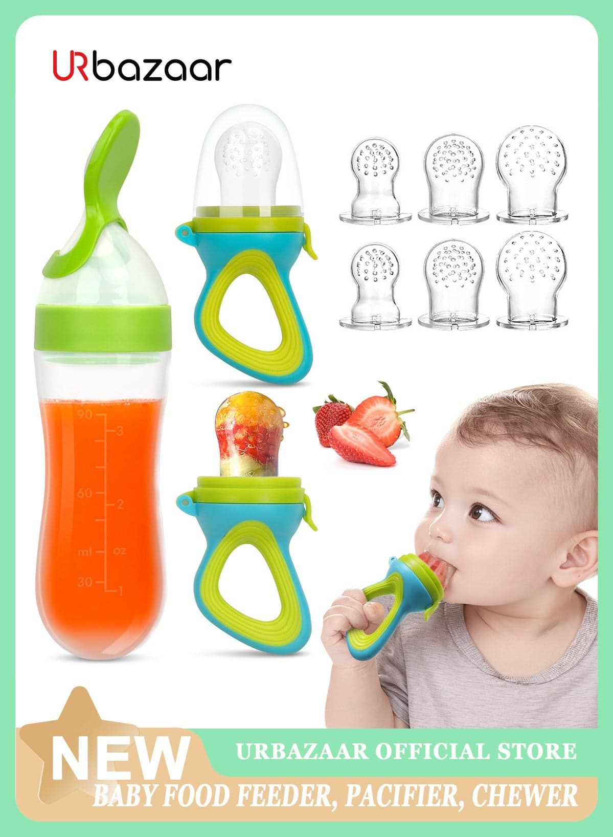 Baby Food Feeder, 2 Pack Baby Fruit Feeder Pacifier Fresh Food Feeder with 3 Sizes Silicone Pouches,1 Baby Feeding Spoons for Toddlers Infant