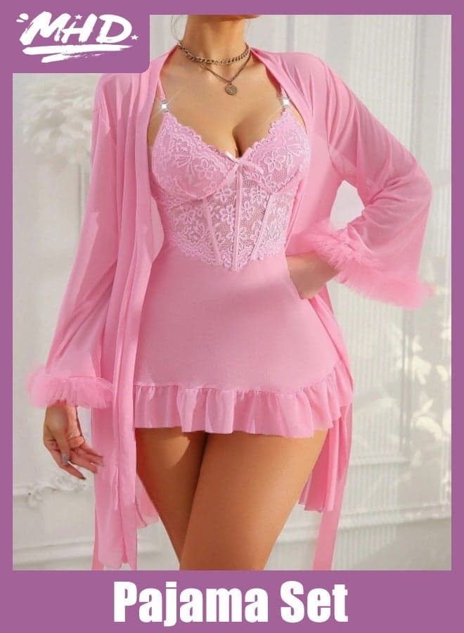 2pcs Set: Fishbone Style Cinch Waist Lace Cami Nightgown & Wide Sleeve Mesh Robe