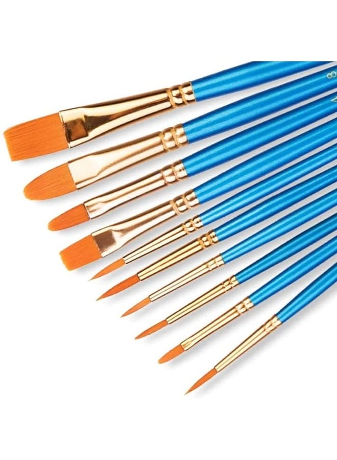 Paint Brush Set of 10 – Professional Nylon Hair Artist Brushes for Acrylic, Watercolor & Oil Painting – Blue Handle Art Supplies for Students, Kids & Beginners