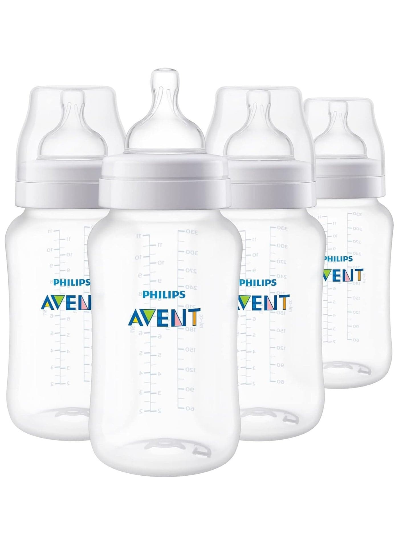 PHILIPS AVENT Philips Anti-Colic Baby Bottles, 330ml with Flow 3 Nipples, 3m+, 4pk, Clear