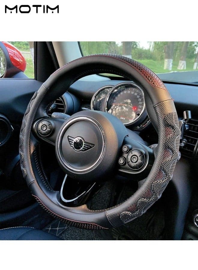 Leather Car Steering Wheel Cover, Universal Anti Slip Breathable Design, Steering Wheel Protector Cover with 3D Honeycomb, 15inch 38cm